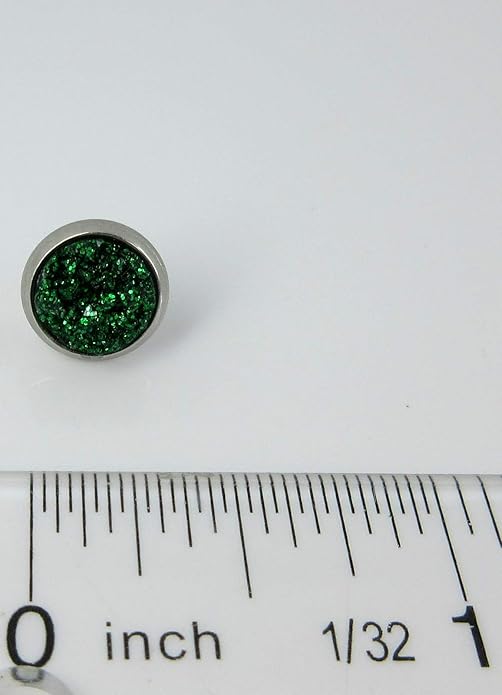 Stainless Steel Glitter Faux Druzy Stone Stud Earrings 8mm (Shamrock Green)