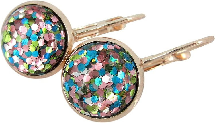 Summerfield Collection Rose Gold-tone Pink Aqua Green Metallic Glitter Resin Lever-back Drop Earrings