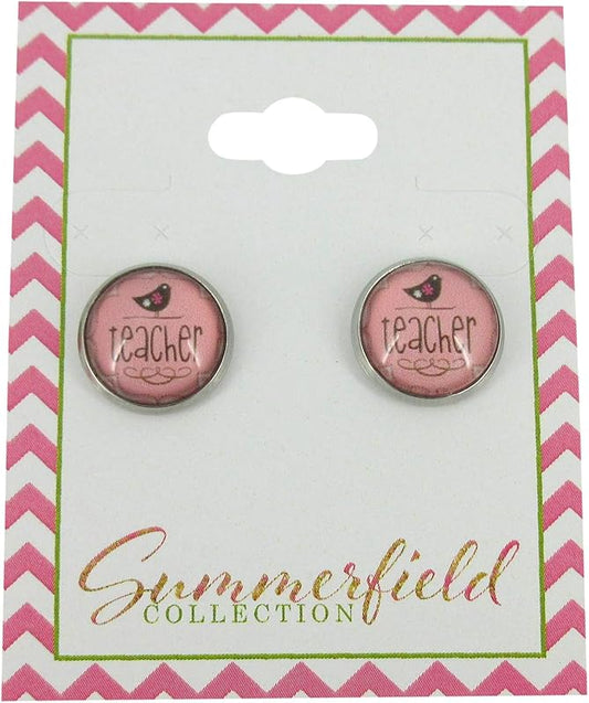 Summerfield Collection Stainless Steel Teacher Print Glass Stud Earrings 12mm (Teacher/Bird)