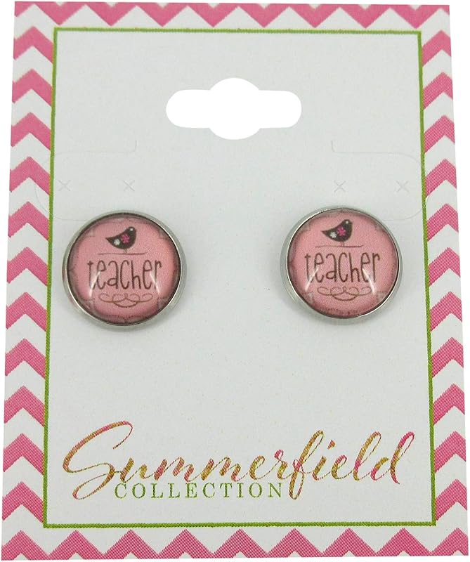 Summerfield Collection Stainless Steel Teacher Print Glass Stud Earrings 12mm (Teacher/Bird)