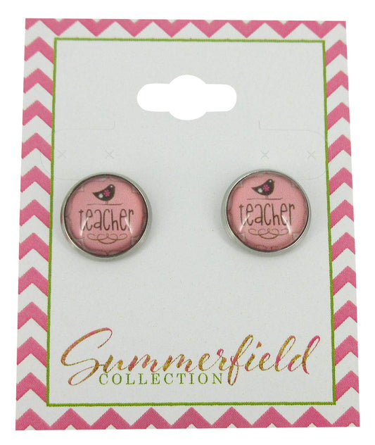 Stainless Steel Teacher Print Glass Stud Earrings 12mm (Teacher/Bird)