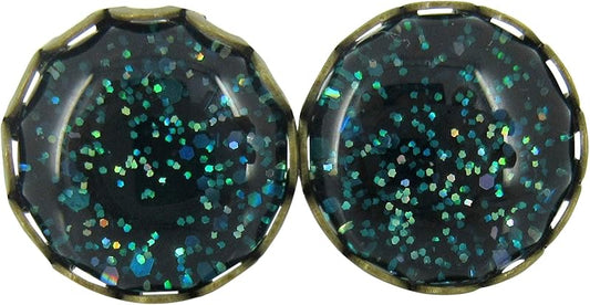 Summerfield Collection Antiqued Gold-tone Dark Teal Green Glitter Glass Stud Earrings Hand-painted 10mm