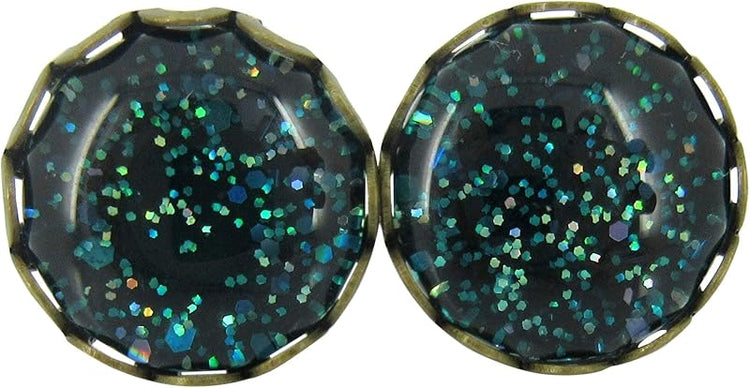 Summerfield Collection Antiqued Gold-tone Dark Teal Green Glitter Glass Stud Earrings Hand-painted 10mm