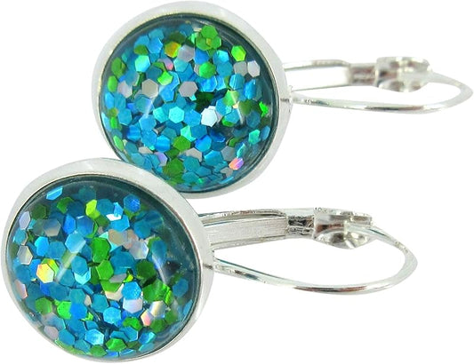 Summerfield Collection Silver-tone Metallic Glitter Resin Lever-back Drop Earrings 12mm (Blue/Green)