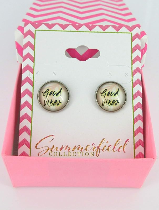 Summerfield Collection Stainless Steel Good Vibes Print Glass Stud Earrings 12mm (Peachy Pink)