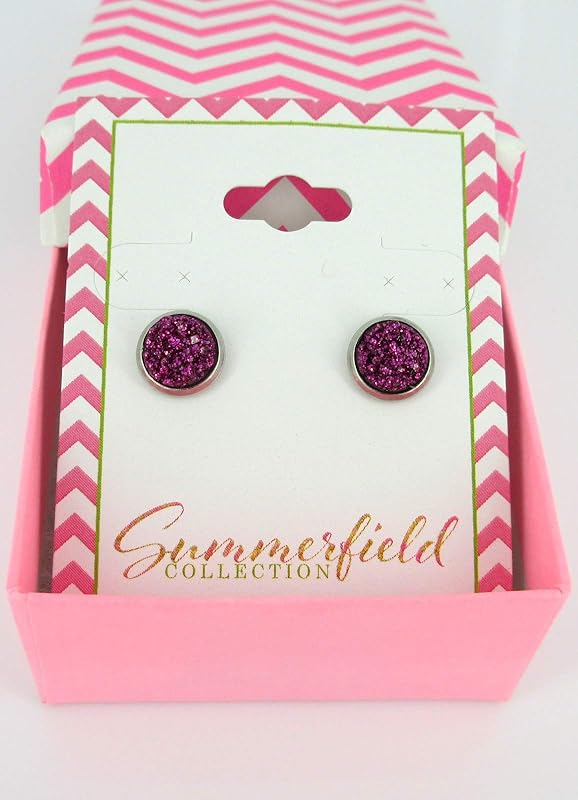 Summerfield Collection Stainless Steel Glitter Faux Druzy Stone Stud Earrings 8mm (Magenta)