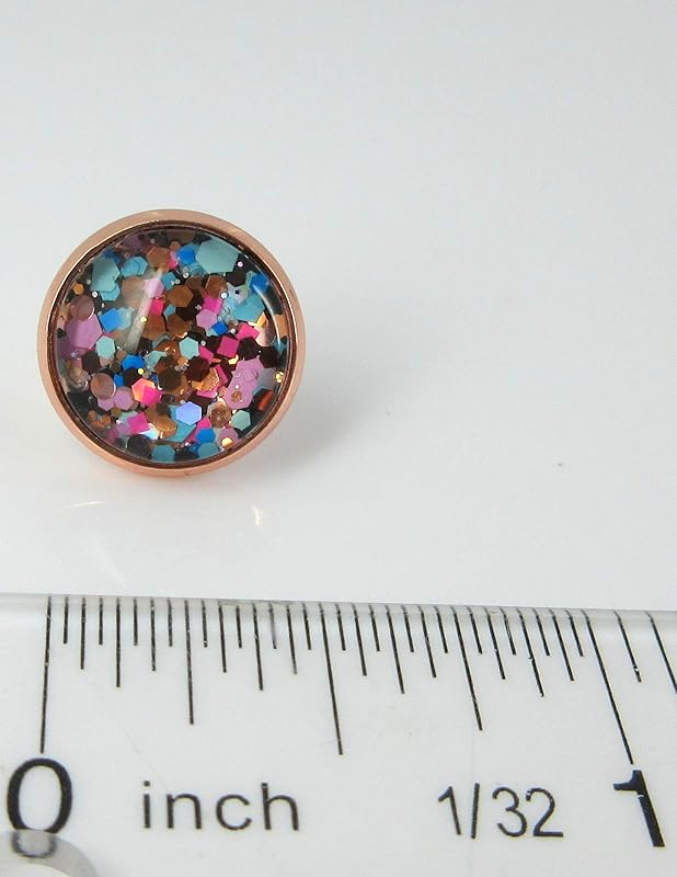 Summerfield Collection Rose Gold-tone Blue Pink Purple Glitter Glass Stud Earrings 12mm Hand-painted