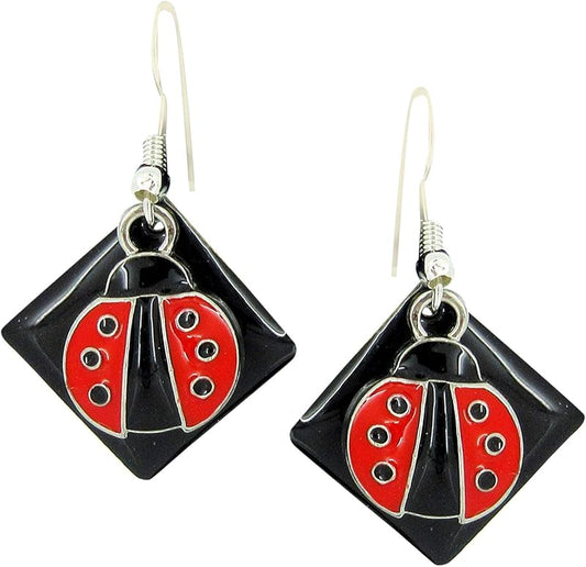 Summerfield Collection Silver-tone Black Enamel and Red Ladybug Charm Dangle Earrings