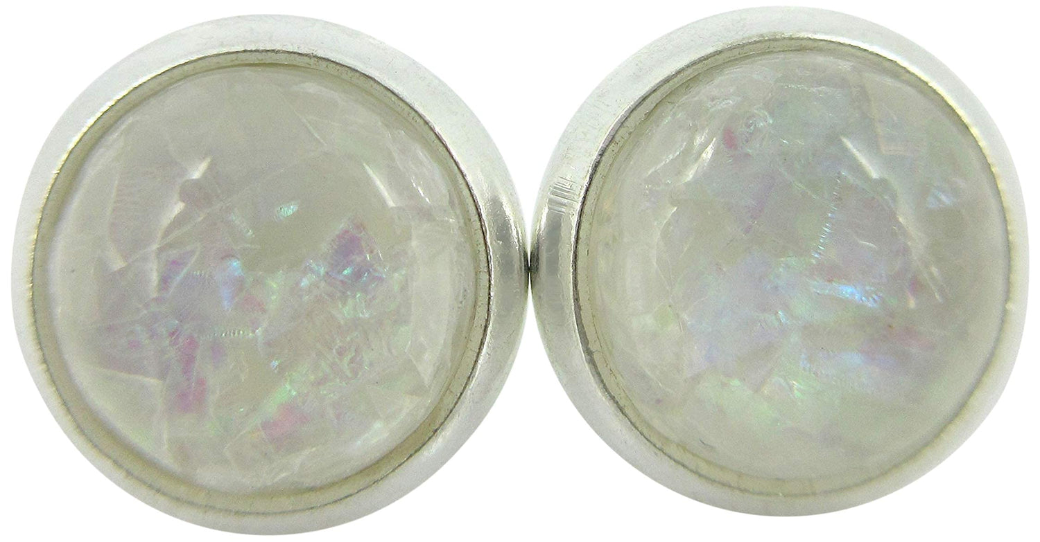 Shiny Silver-tone White and Opalescent Leaf Resin Stud Earrings 8mm