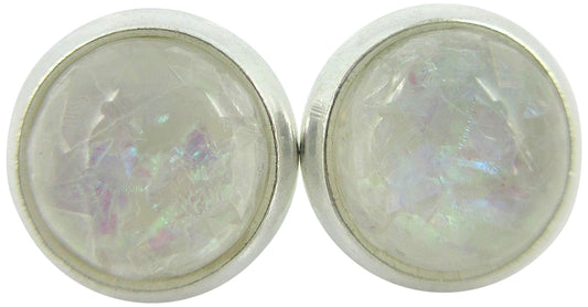 Shiny Silver-tone White and Opalescent Leaf Resin Stud Earrings 8mm