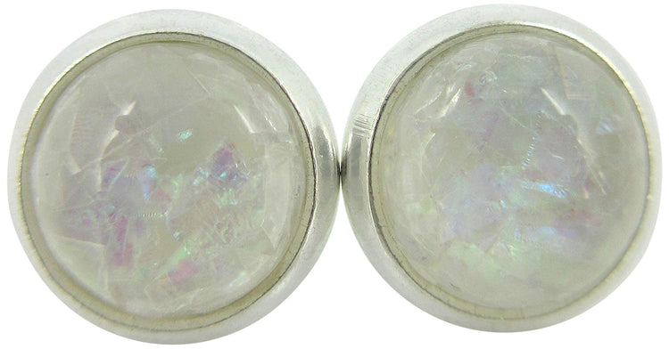 Shiny Silver-tone White and Opalescent Leaf Resin Stud Earrings 8mm