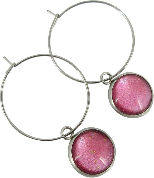 Summerfield Collection Stainless Steel Pink and Silver Glitter Glass Charm Hoop Earrings Hand-painted 1"