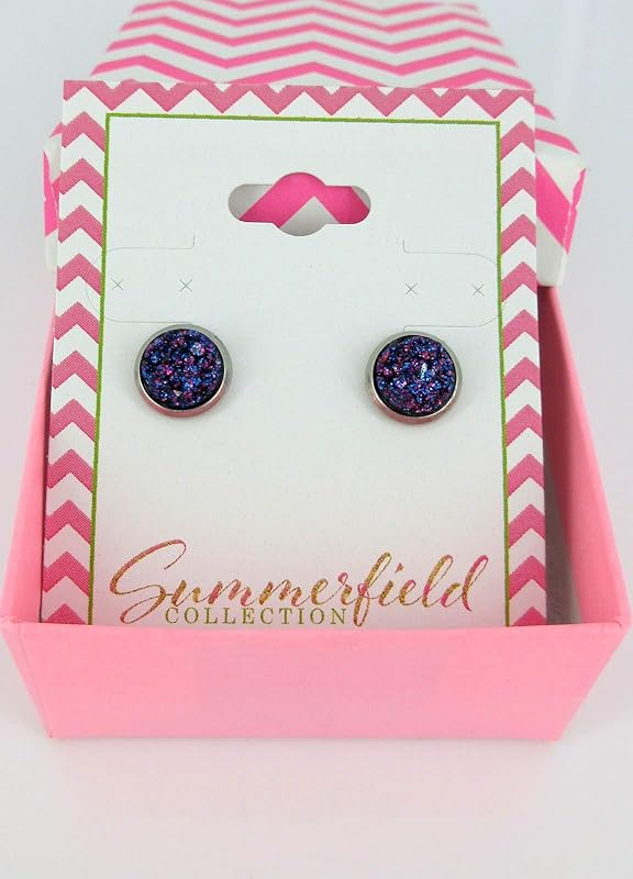 Summerfield Collection Stainless Steel Glitter Faux Druzy Stone Stud Earrings 8mm (Galaxy Blue Purple)