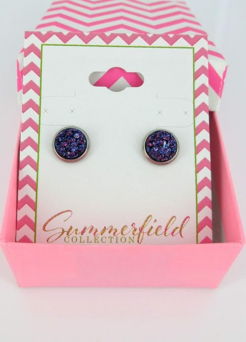 Stainless Steel Glitter Faux Druzy Stone Stud Earrings 8mm (Galaxy Blue Purple)