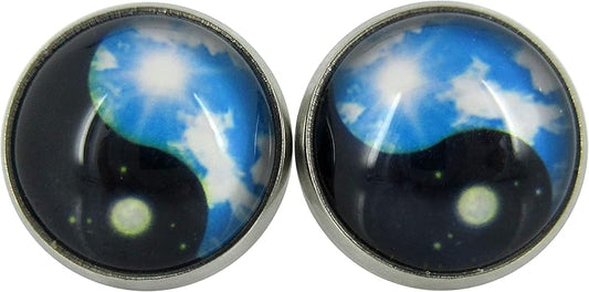 Summerfield Collection Stainless Steel Sky Blue and Black Day Night Yin Yang Print Glass Stud Earrings 12mm