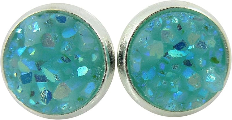 Summerfield Collection Silver-tone Pastel AB Faux Druzy Stone Stud Earrings 8mm (Aqua Blue)