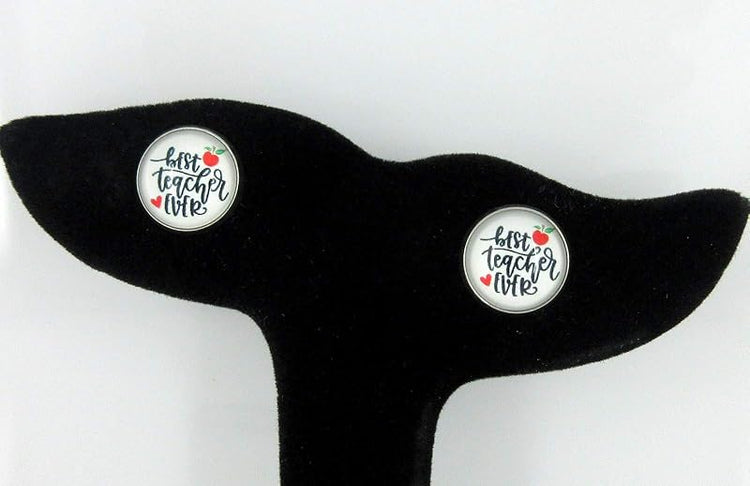 Summerfield Collection Stainless Steel Teacher Print Glass Stud Earrings 12mm (Best Teacher Ever/Apple)