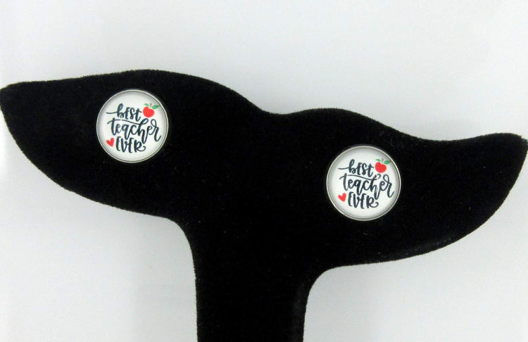 Stainless Steel Teacher Print Glass Stud Earrings 12mm (Best Teacher Ever/Apple)