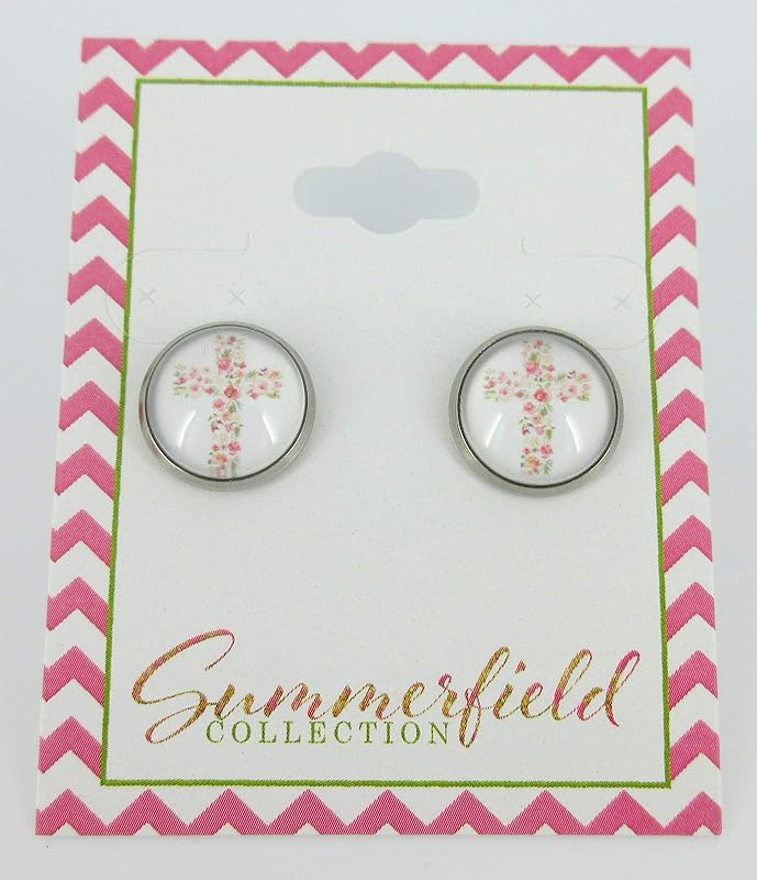Summerfield Collection Stainless Steel White and Pink Flower Cross Print Glass Stud Earrings 12mm
