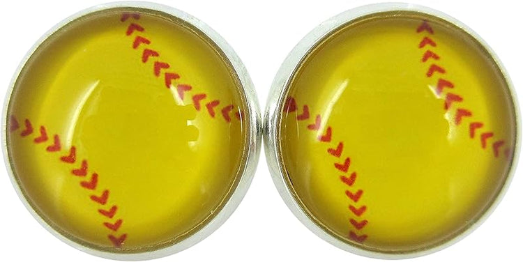 Summerfield Collection Silver-tone Softball Print Glass Stud Earrings 12mm Yellow