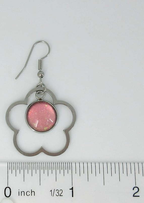 Summerfield Collection Stainless Steel Pink and Iridescent Glitter Flake Glass Flower Charm Dangle Earrings Handpainted