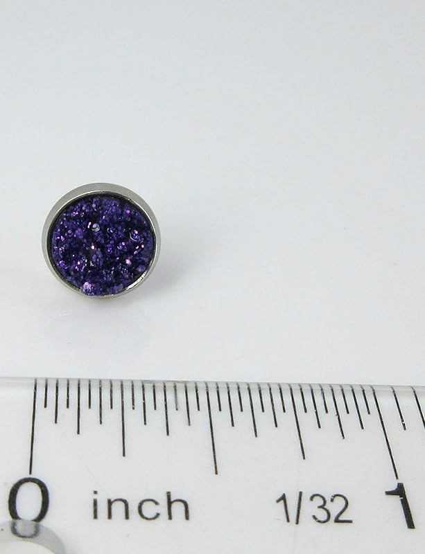 Summerfield Collection Stainless Steel Glitter Faux Druzy Stone Stud Earrings 8mm (Dark Purple)