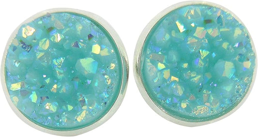 Summerfield Collection Silver-tone Pastel AB Faux Druzy Stone Stud Earrings 12mm (Aqua Blue)