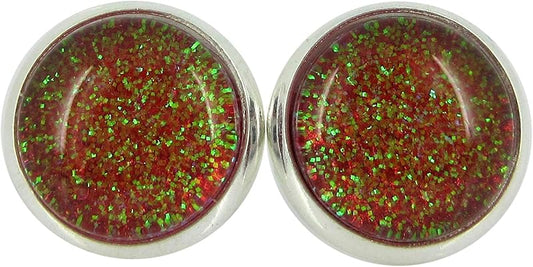 Summerfield Collection Silver-tone Red and Green Glitter Glass Stud Earrings Hand-painted (10mm)