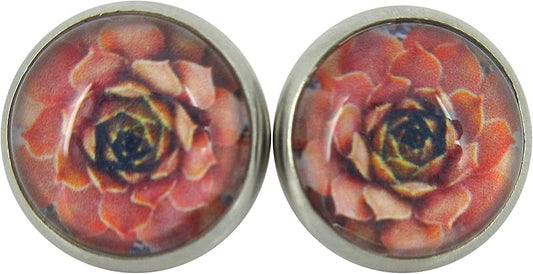 Summerfield Collection Stainless Steel Succulent Plant Print Glass Stud Earrings 12mm (Coral)