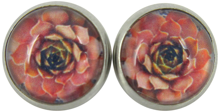 Stainless Steel Succulent Plant Print Glass Stud Earrings 12mm (Coral)