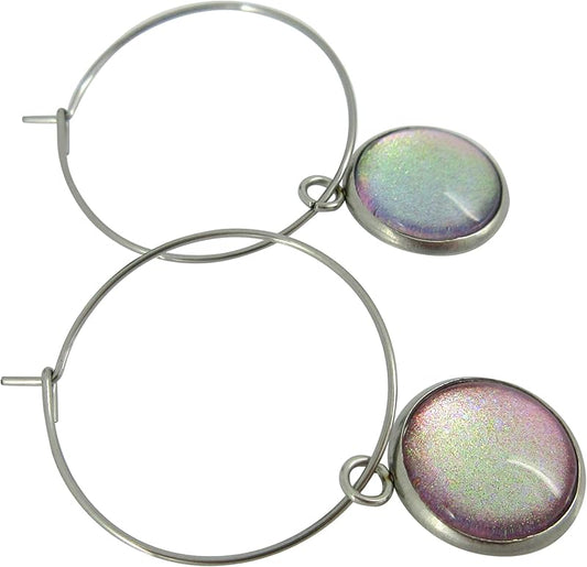 Summerfield Collection Stainless Steel Pink Opalescent Glass Charm Hoop Earrings Hand-painted 1"