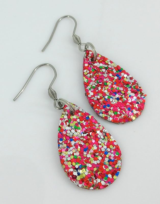 Summerfield Collection Multicolor Glitter Faux Leather Small Teardrop Dangle Earrings Stainless Steel Pink Silver White Green Gold Blue