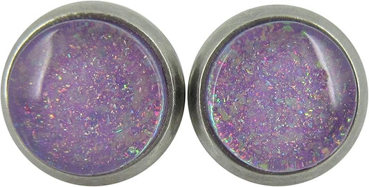 Summerfield Collection Stainless Steel Lavender Purple Glitter Flake Glass Stud Earrings Hand-painted 8mm