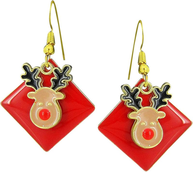 Summerfield Collection Gold-tone Red Enamel Reindeer Charm Dangle Earrings Christmas
