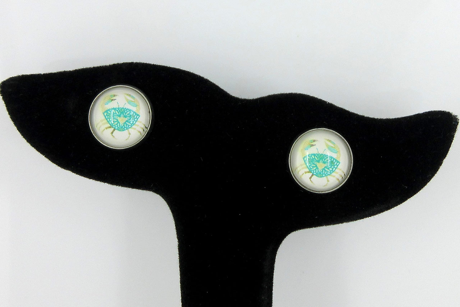 Stainless Steel Blue Crab Print Glass Stud Earrings 12mm