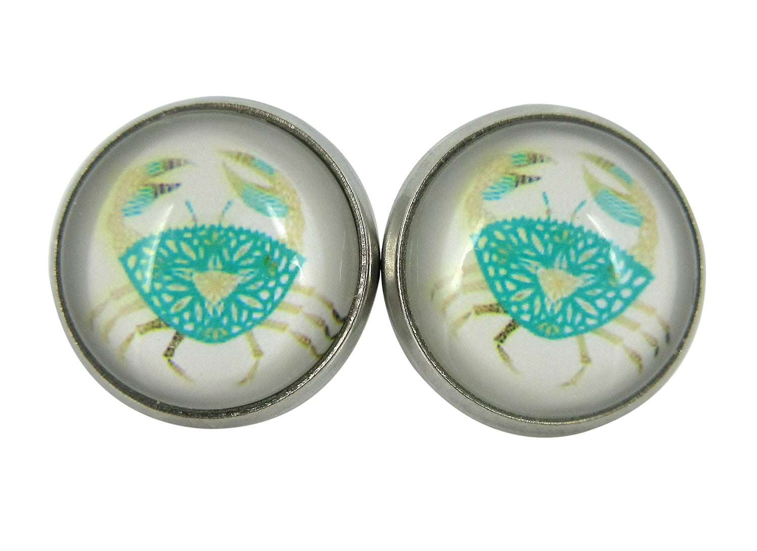 Stainless Steel Blue Crab Print Glass Stud Earrings 12mm