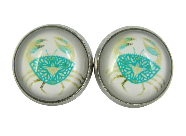 Stainless Steel Blue Crab Print Glass Stud Earrings 12mm