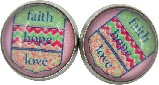 Summerfield Collection Stainless Steel Faith Hope Love Print Glass Stud Earrings 12mm