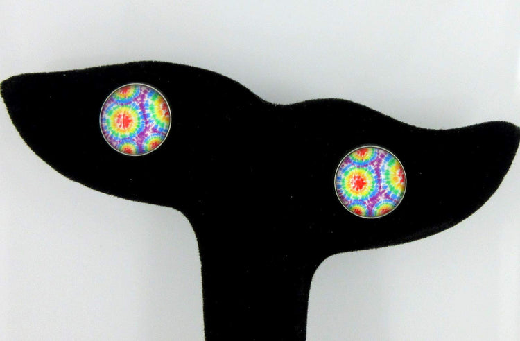 Stainless Steel Tie Dye Print Glass Stud Earrings 12mm (Rainbow)