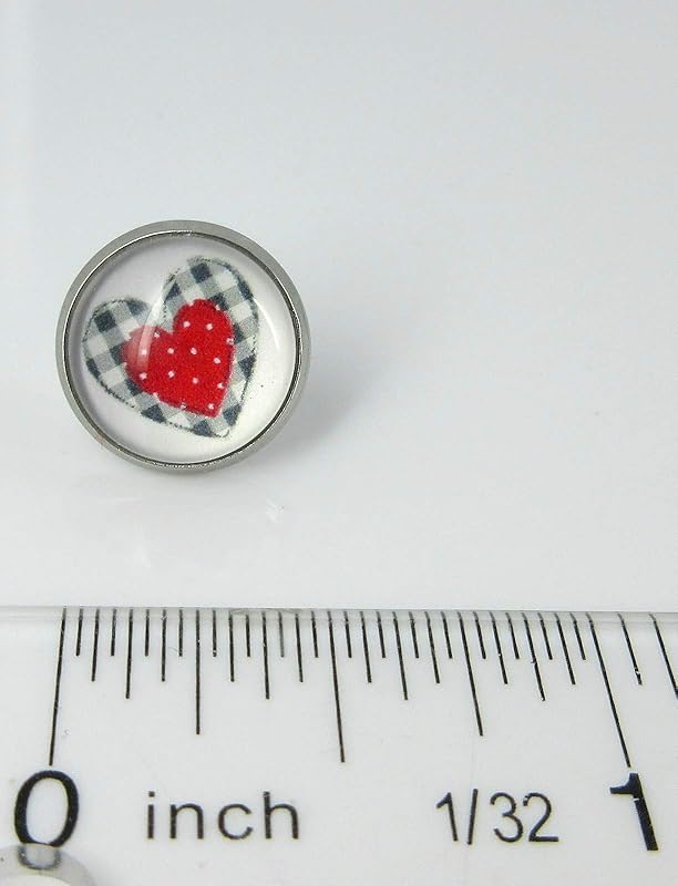 Summerfield Collection Stainless Steel Buffalo Plaid Print Glass Stud Earrings 12mm (White/Black/Red Heart)