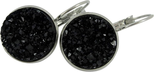 Summerfield Collection Stainless Steel Faux Druzy Stone Lever-back Drop Earrings 14mm (Black)