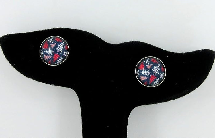 Summerfield Collection Stainless Steel Buffalo Plaid Print Glass Stud Earrings 12mm (Christmas Tree Print)