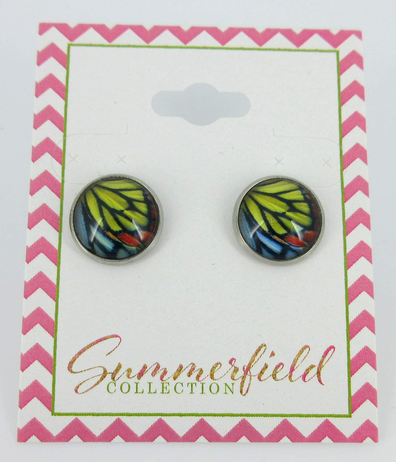 Stainless Steel Butterfly Wing Print Glass Stud Earrings 12mm