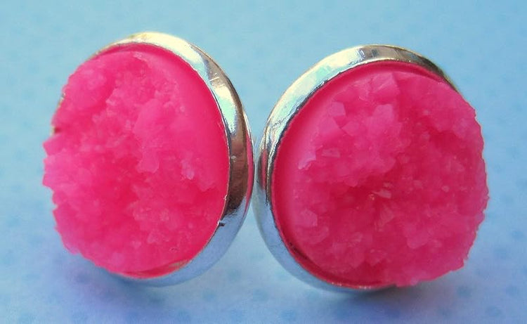 Summerfield Collection Trio Silver-tone Neon Green Pink Faux Druzy Stone Stud Earrings 12mm Set