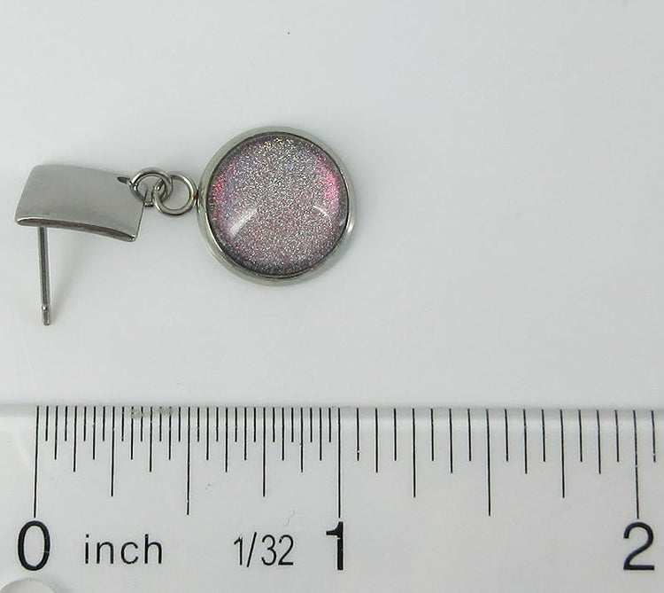 Summerfield Collection Stainless Steel Colorshifting Opalescent Pink Holographic Glitter Glass Post Drop Earrings Handpainted