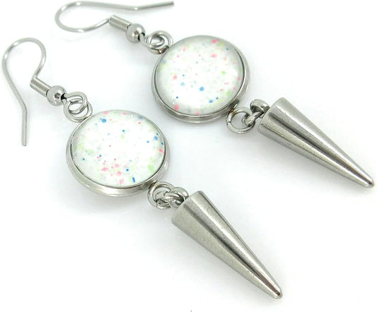 Summerfield Collection Stainless Steel White and Neon Confetti Glitter Glass Charm Dangle Earrings Handpainted Glow in the Dark