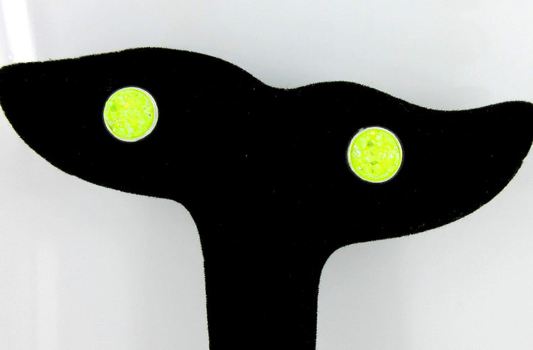 Silver-tone Neon Yellow AB Faux Druzy Stone Stud Earrings