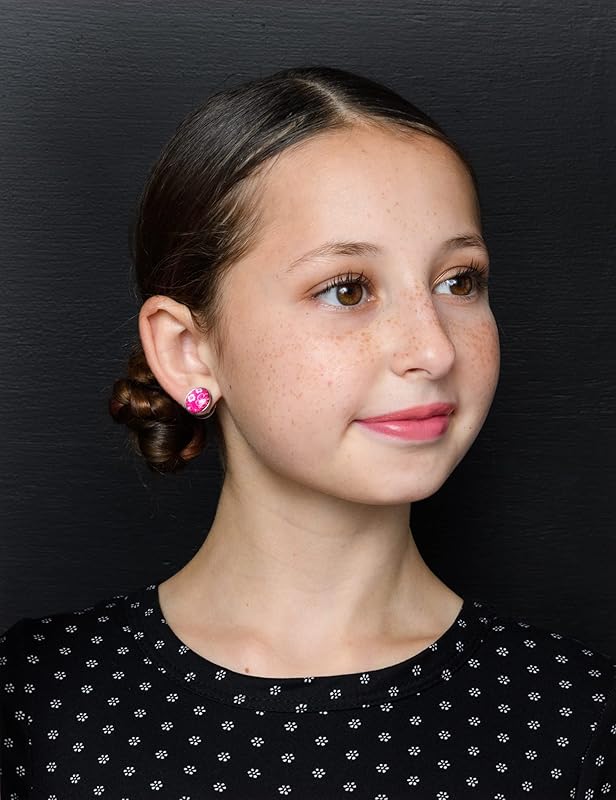 Summerfield Collection Stainless Steel Hibiscus Flower Print Glass Stud Earrings 12mm Hawaiian (Hot Pink)