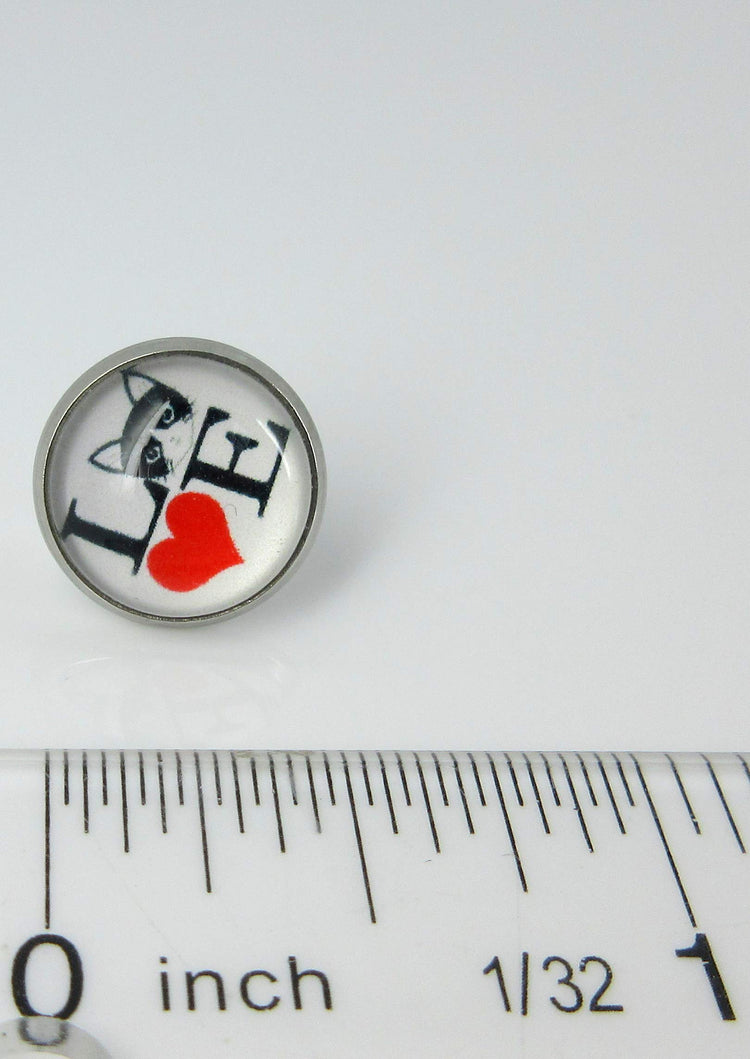 Stainless Steel Love Cats Print Glass Stud Earrings 12mm White Black Red