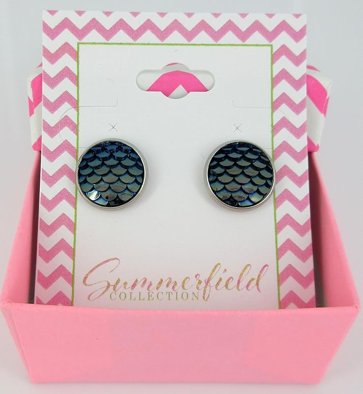 Summerfield Collection Stainless Steel Metallic Dragon Mermaid Scale Stud Earrings 12mm (Dark Gray Blue)